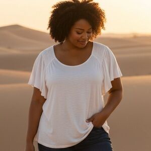 Lane Bryant 26/28 White T-Shirt Ruched Flutter Short Sleeves Rounded Neckline